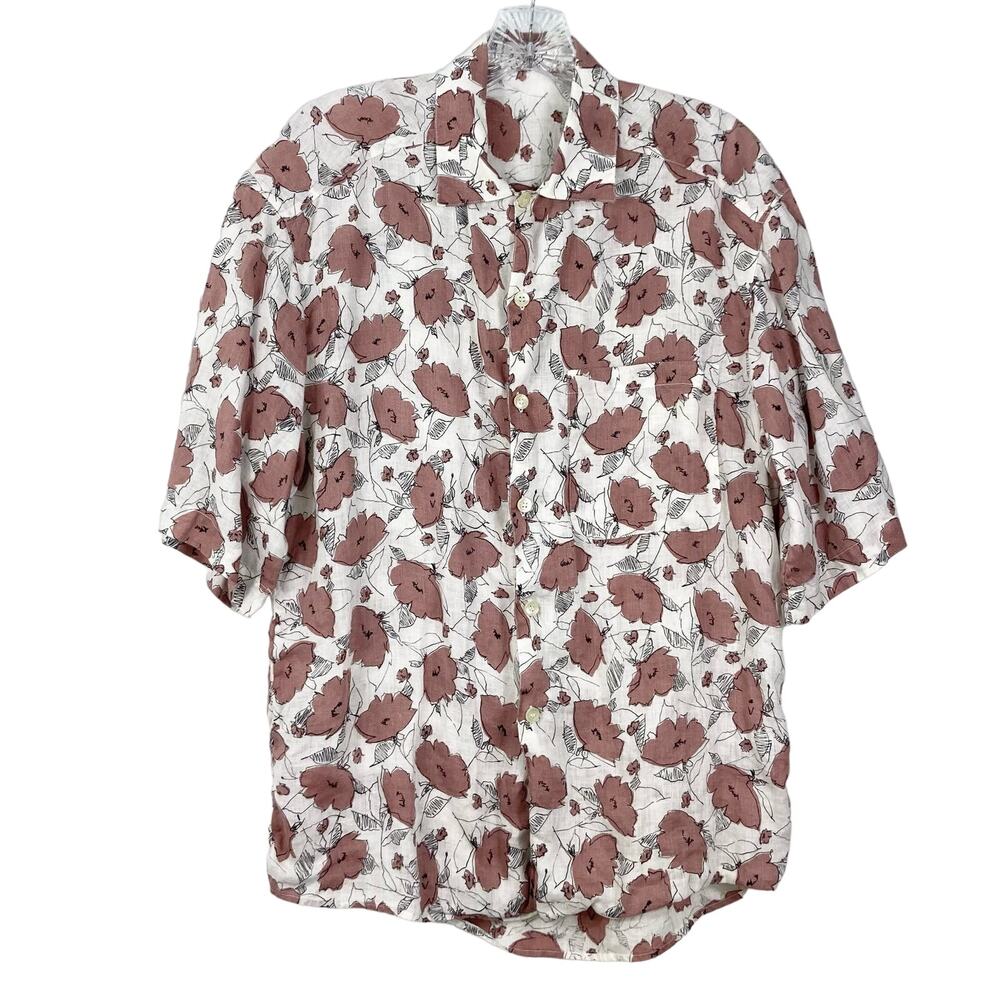 NWOT XACUS Shirt Men S ITALY Floral White Brown Linen?Pocket Button-Up Short-Slv